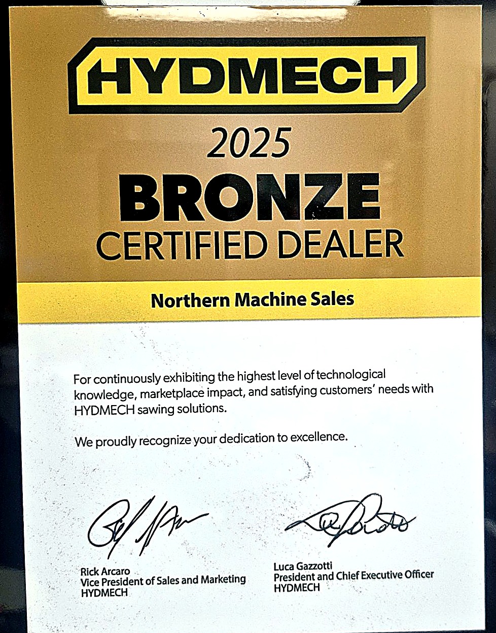 HYDMECH 2025 Bronze Certified Dealer plaque — Northern Machinery Sales, Sutton MA